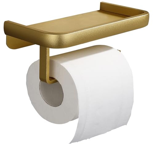 MENGCOOL Toilettenpapierhalter mit Ablage, Wandmontage ohne Bohren, Aluminiumlegierung, Schwarz, Klopapierhalter mit Handyablage für Badezimmer (Matt Gold)