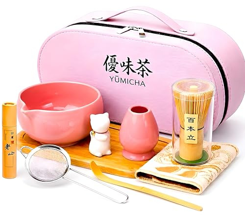 YŪMICHA – KIT Matcha Japonais 10 pièces – Coffret Cérémonie avec Mallette de Transport & Plateau Bois – Thé Matcha Fouet Bambou, Bol Céramique & Accessoires – Set Matcha – Idée Cadeau Premium