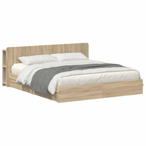 vidaXL Bettgestell mit Stauraum mit Kopfteil Sonoma-Eiche 180 x 200 cm, Modernes Schlafzimmer, rechteckige Form, Holzbettgestell, platzsparender Stauraum, funktionale Basics