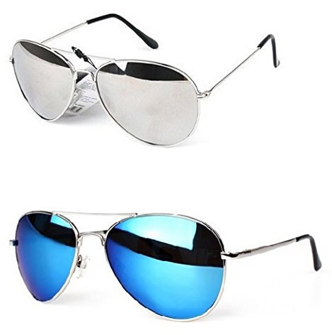 PURECITY® - Lot de 2 paires de Lunettes de Soleil Aviateur Verres Effet Miroir - Argent + Bleu - Monture Métal - Collection Mixte Fashion Tendance (Miroir bleu + Miroir argent)