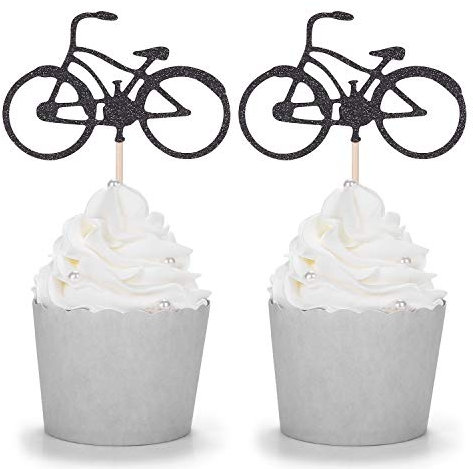 24 Black Glitter Bike Cupcake Toppers Cycling Theme Party Kid's Birthday Decorations