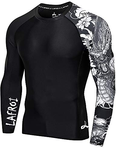 LAFROI Herren Langarm UPF 50+ Kompressionsshirt Rash Guard-CLYYB (Asymmetric Dragon,MD)