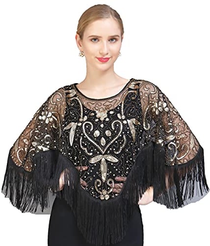 EORUBE 1920s Stola Schal Damen Pailletten Umschlagtücher für Abendkleid Retro Gatsby Party Kostüm Accessoires (Schwarz Gold)