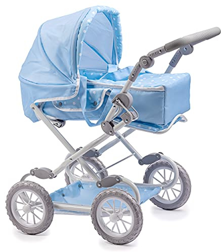 JC Toys Deluxe Faltbarer Puppenwagen mit 4 Rädern, für Puppen bis 45 cm, umbaubar zum Kinderwagen, blau mit weißen Punkten, Abnehmbarer Tragekorb, entworfen von Berenguer, ab 3 Jahren