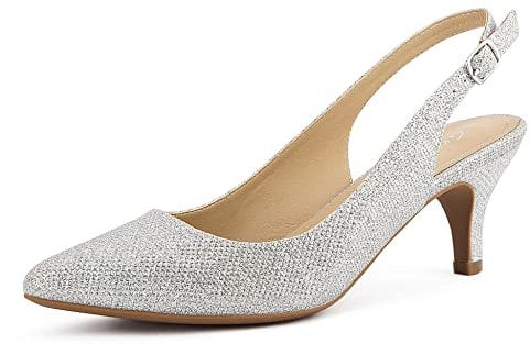 Greatonu Pointed Toe Sandals Slingback Kitten Heel Pointed Toe Pumps Silver Glitter