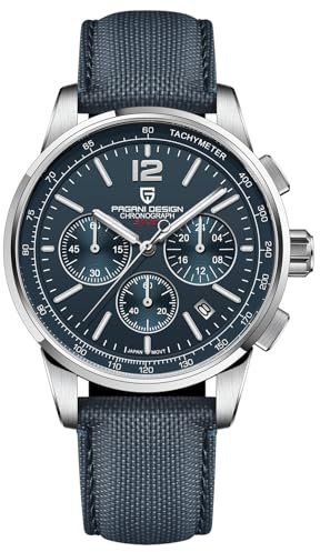 Pagani Design Herren Quarz Chronograph Uhr 100 Meter wasserdicht Edelstahl 40 mm Zifferblatt Durchmesser Saphirglas (Silber Blau)