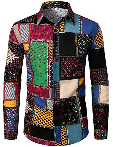 LucMatton Chemise boutonnée à manches longues en lin pour homme Motif traditionnel africain, noir/vert, XXL