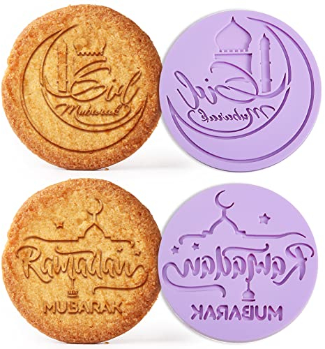 Ramadan Mubarak Keksstempel 2 Set Eid Mubarak Ausstechformen Fondant Prägestempel 3D Plätzchen Ausstecher Acryl Kekse Stempel Lila Backzubehör für Kuchen Backen Accessories (Klassisch)