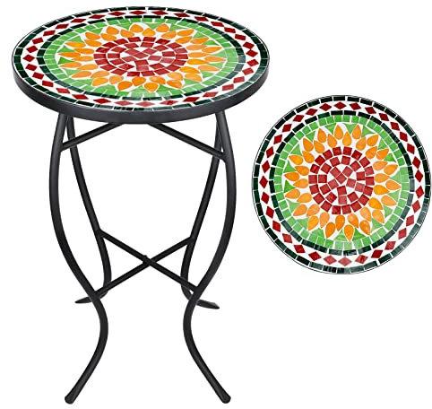 Vipush Mosaik-Beistelltisch für den Außenbereich, 35,6 cm, rund, klappbarer Beistelltisch, Terrassen-Akzenttisch, Pflanzenständer für Wohnzimmer, Keramik-Tischplatte, schwarzes Eisen, grün, gelb