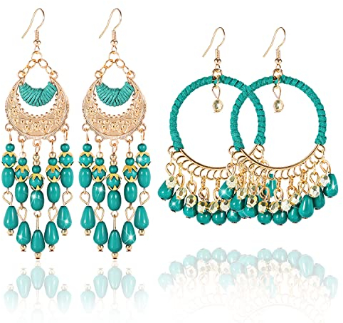 Vintage Ohrringe Böhmische Ohrringe Set Runden Wassertropfen Quasten Ohrringe Blau Ohrringe Hängend Damen Vintage Statement Style Handweben 2 Paare Creolen mit Anhänger für Frauen Mädchen