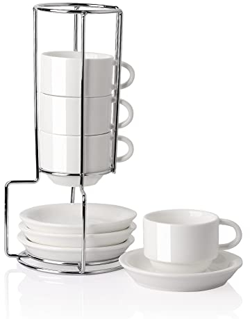 Sweejar Home Porcelain Espresso Cups with Saucers, 70ml Stackable Cappuccino Cups with Metal Stand for Coffee Drinks, Latte, Tea - Set of 4 (White)
