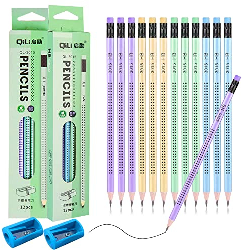 Qunkun 24 Stück Schreiblernbleistift Bleistifte mit Radiergummi HB Bleistifte Bleistift kinder mit 2 Bleistiftspitzer für Büro Zeichnen Prüfungen Schule Skizzieren Zeichenwerkzeuge