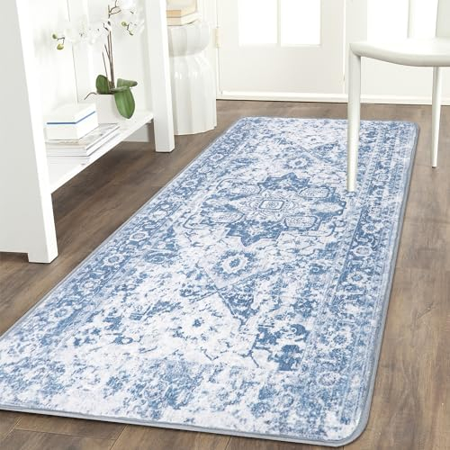 Famibay Läufer Teppiche für Flur, rutschfest, flauschig, Flur, Teppichläufer, waschbar, Boho-Teppich, Läufer, Eingangsteppich, Bodenmatte, Gummi-Rückseite, Läufermatten (blau, 60 x 120 cm)