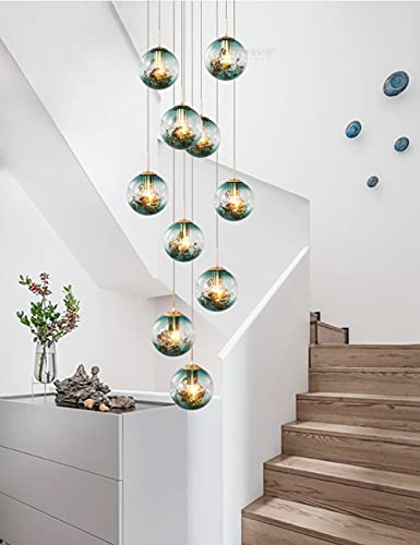 Lámpara de araña de escalera moderna azul degradado de 10 cabezales Lámpara de techo de cristal Bola de cristal Lámpara colgante larga y grande Sombra Aplicar para escaleras, pasillo, sala de estar, e