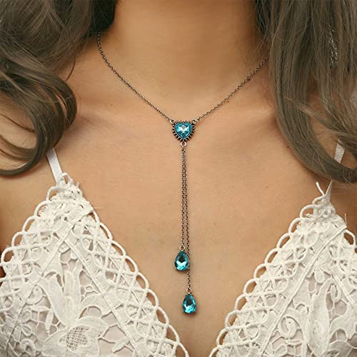 Yienate Boho Y Collar Cristal Gargantilla Azul Cristal Corazón Larga De Diamantes De Imitación Colgante Collar Plata Lariat Collar Cristal Brillante Borla De Joyería Piedra Nacimiento Para Mujeres