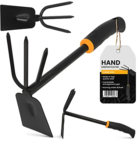 Kombihacke 2in1 Handhacke 3-Zinken-Doppelhacke Gartenhacke Ergonomischer Griff Arbeitsbreite 7cm Hacke zum Unkraut Graben Pflanzen Lockern Lüften Jäten Des Bodens Gartenwerkzeuge Kleingeräte