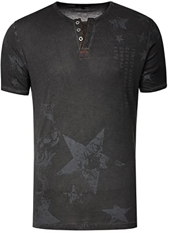T-Shirt Herren Vintage-Washed Rundhals-Henley-Shirt Printed Casual-Fit Knopfleiste Verwaschen Streetwear Kurzarm-T-Shirt 290, Farbe:Schwarz, Größe S-3XL:L