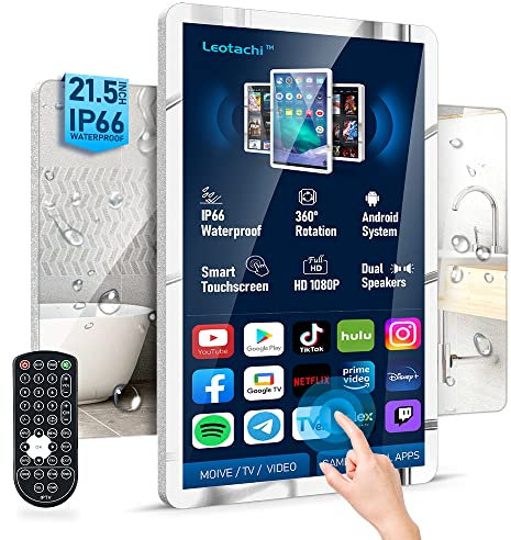 Leotachi 22 inch IP66 Waterproof Mirror Bathroom TV Touch Screen And Remote Control, Wall Mount Bracket, Full HD 1080P, Android 11 WiFi/LAN/USB/BT/HDMI(Silver-2023)