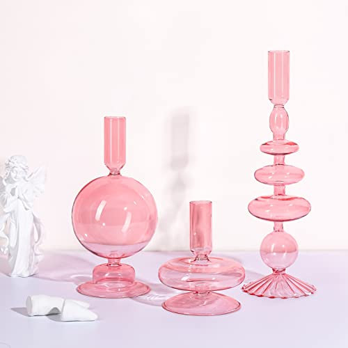 Rtteri Lot de 3 bougeoirs en Verre élégants pour la Maison, Les fêtes, Les centres de Table (Rose)