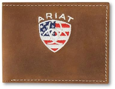 Ariat Billetera de Cuero para Hombre con Bandera Americana, Escudo Bordado, Corteza Envejecida, 3-1/2 x 4-1/2 x 1/2, Plegable