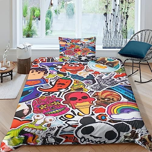 AYSUM 135x200cm Graffiti Design bettwäsche Premium Superweiche, Bunte Graffiti bettwäsche Einzel, Streetart Bettbezug Kinder, 135 200 Doodle Bettwäsche Single