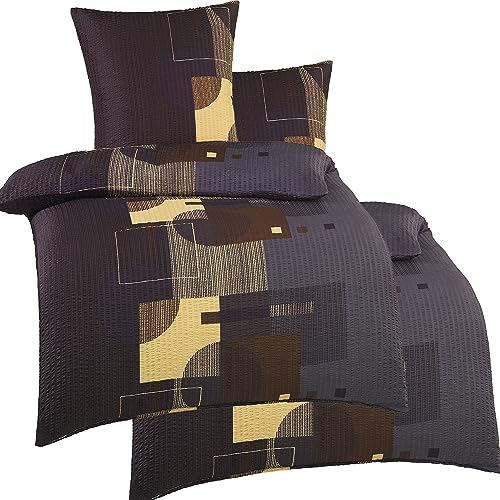 KH-Haushaltshandel 4-TLG. Seersucker Bettwäsche 2X 135x200 +80x80cm, grau schwarz beige, Dunkles grafisches Dessin bügelfrei (W401290)