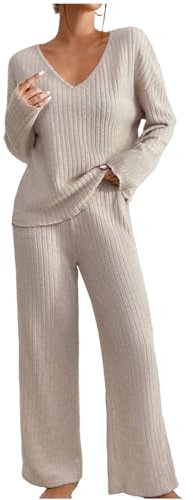 AMhomely Lounge Sets for Women UK Tracksuits Knitted Outfit Oversized Long Sleeve Solid Color Tops Wide Leg High Waist Trousers Pants Fluffy Cosy Pyjamas Holiday Dailywear