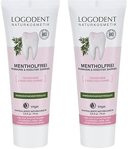 LOGODENT Naturkosmetik MENTHOLFREI Rosmarin Zahngel, 5-Kräuter-Formel wirkt gegen Entzündungen, Pflegt das Zahnfleisch, Frei von synthetischen Fluoridzusätzen, Vegan, 1x75ml (Packung mit 2)