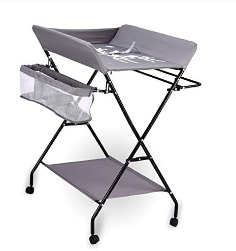 Baby Wickeltisch, Mobiler-Klappbar Wickelkommode, Wickeltisch mit Wickelauflage, Sicherheitsgurt und Ablagefächern, Platzsparenden Design (80 * 63 * 96cm), Grau, für Babys unter zwölf Monaten
