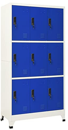 IKAYAA Spind Schrank Metallschrank Werkstattschrank Metall Schließfachschrank mit 9 Schließfächern Spind Kleiderschrank Lagerschrank Metall Grau und Blau Stahl Umkleideschrank