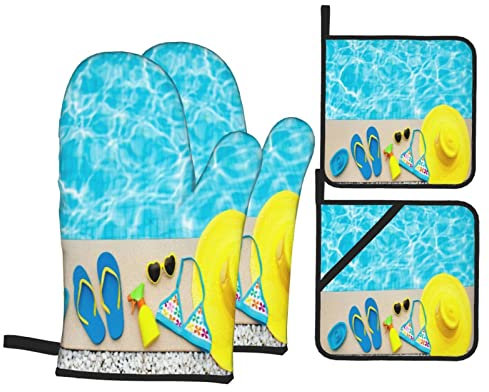 Topflappen Und Topflappen Set Von 4 Sommer Schwimmbad Flacher Strand Flip Flops Bikini Und Hut Sonne Grillhandschuhe Weiches Druck Topfhandschuhe, Für Backen, Grillen