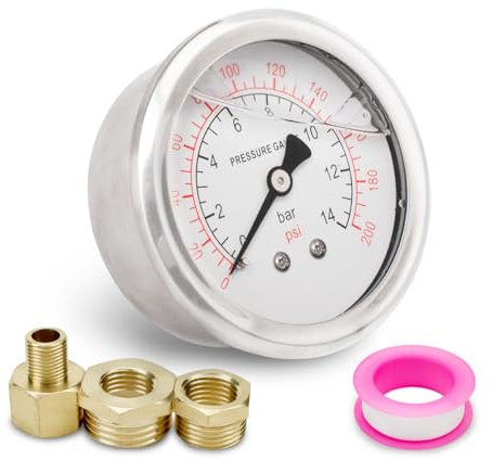 Innfeeltech 1 Pcs 60mm Pressure Gauge BSP 1/4 0-14 Bar 0~200 Psi with 2 Pieces Bushing 1/4 to 3/8, 1/4 to 1/2 and 1 Piece Hex Nipple Reducing 1/4 to 1/8, One Teflon Tape, Axial
