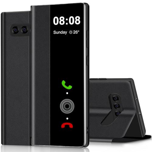 Cases for Samsung Galaxy S10 Case S View, Clear View Flip Folio Premium Leather TPU inner for Samsung S10 Phone Case, Luxury Anti-Scratch Kickstand Flip Cover Case for Samsung Galaxy S10 (Black)