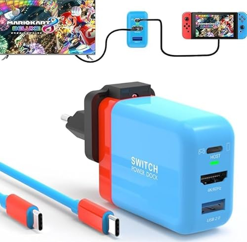 65W Switch Docking Station, für Nintendo Switch OLED/Steam Deck, Mini GaN Netzteil mit 3-Port (USB C USB A 4K/HD), tragbare Docking Station Kompatibel mit Switch/Steam Deck/Rog Alley/Mobile Blue