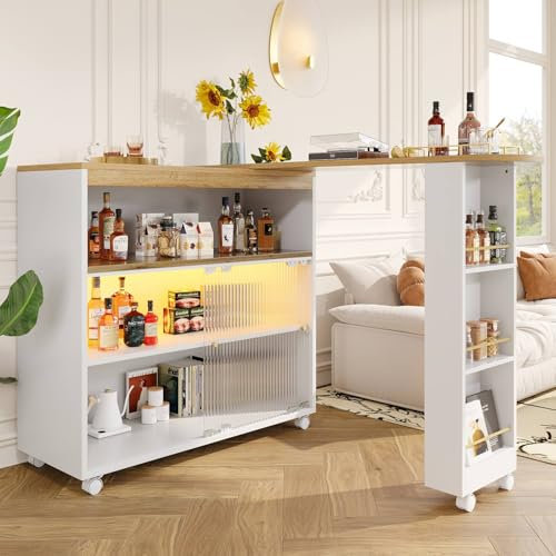 Table de bar extensible, 138-204 x 39 x 105 cm, avec trois compartiments de rangement, îlot de cuisine mobile avec lumière LED et porte coulissante en verre