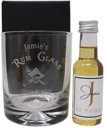 Engraved Rum Design Dimple Glass Tumbler & Personalised Miniature Bottle of Spiced Rum Gift Set For 50th & 60th (Cardboard Gift Box, Birthday Initial Gold) 35% vol