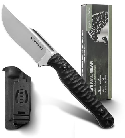 SPITZKANTE Outdoor Messer Survival mit Kydex Scheide, G10 Griff und D2 Stahl Klinge, Robustes Feststehendes Messer Full-Tang Design (B- Silberne Klinge + schwarzer Griff)