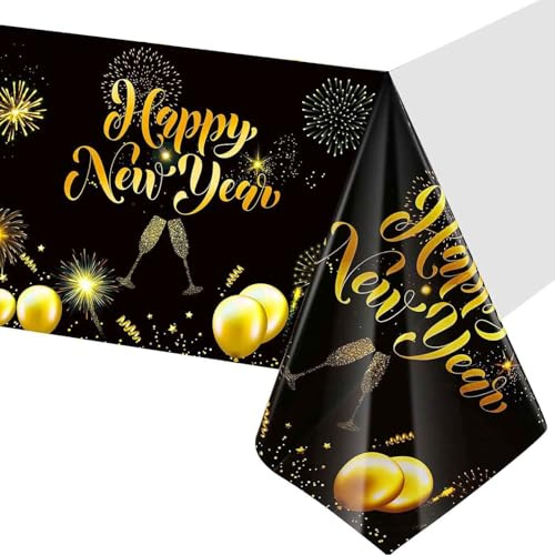 Happy New Year Tischdecken, Silvester Tischdecke, Schwarz & Gold Happy New Year Tischdecke 2026, Rechteckig Tischtuch Geeignet Für Neujahr Silvester Tischdeko, Silvester Kunststoff-Tischdecken