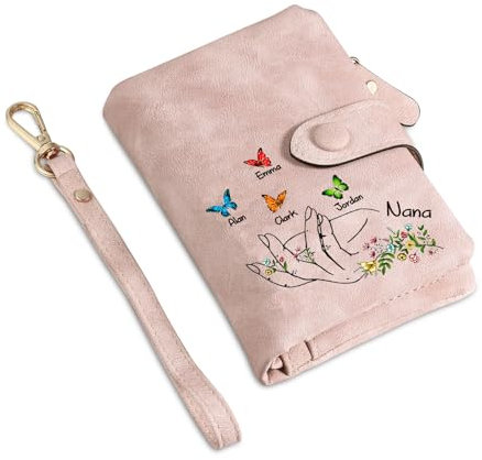 Grovjewfit Portefeuille Femme Personnalisé avec 3-8 Noms Porte-Monnaie Noël comme Cadeaux pour Maman Grand-Mère Cadeau De Noël Fête des Mères Cadeaux (Style 1-5 Noms)