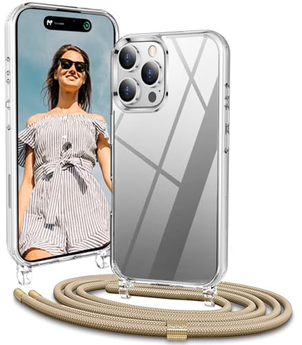 Vaykwo Handykette mit Band für Apple iPhone 16 Pro Max Hülle - Necklace Handyhülle - Transparente Case zum Umhängen mit Kameraschutz und Bildschirmschutz - Golden