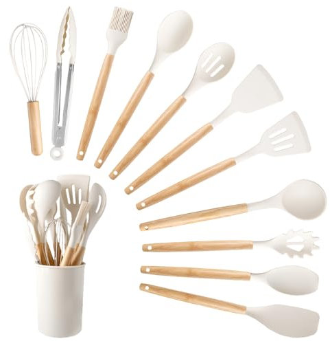 Küchenhelfer Set, 12-teiliges Silikon Kochutensilien Kochbesteck Set, Hitzebeständiger Kochgeschirr mit Utensilienhalter, Antihaft Kochset Küchenutensilien, Spülmaschinenfest (White)