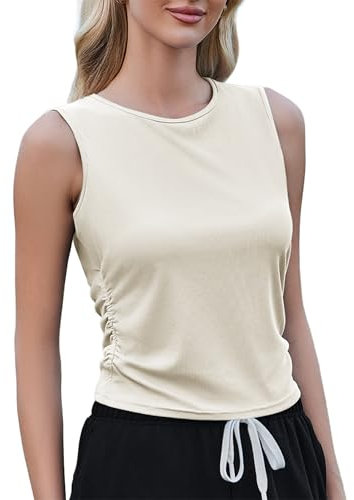 Weardear Sport Tank Tops Damen Yoga Shirt Ärmelloses Crop Top Leichte Lässig Funktions Shirt Gym Tanktop Fitness Oberteile mit Seitfalten Beige M