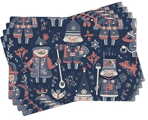 Christmas Nutcracker Placemats Set of 4, Navy Fanciful Holiday Table Mats for Winter Dining, Washable Indoor Outdoor Festive Cloth Placemats 18x12 Inch