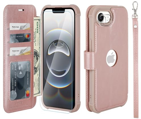 VANAVAGY Compatible for iPhone 16E Wallet Case,Rfid Flip Leather Cover with Wrist Supports Wireless Charging with Card Holder,[Glass Screen Protector and Camera Cover],Rose Gold