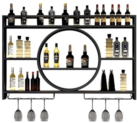Moderno portabottiglie da parete in metallo nero con ripiano galleggiante e supporto per bicchieri da vino per esposizione bar (100 x 15 x 18 cm)