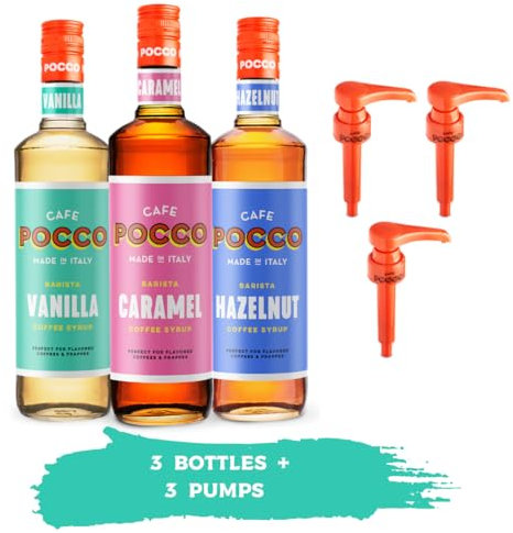 CAFE POCCO Premium Syrup & Pump collection for Coffee - Vegan-Friendly, Allergen-Free, 100% Natural Flavours and Colourings. 3 x 75cl glass bottles with pump - caramel, vanilla and hazelnut.