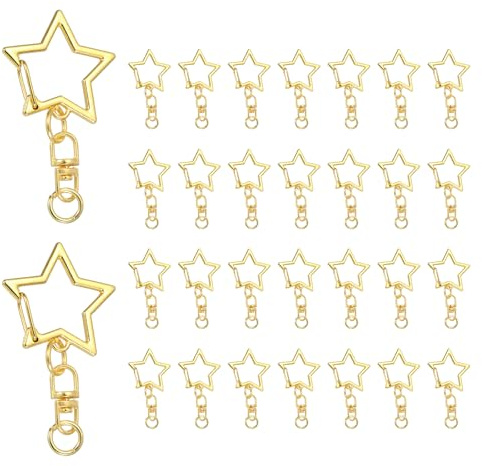 QUARKZMAN 50 Stück Stern Schlüsselanhänger Clips 50 x 25mm Gold | Stern Karabinerverschluss mit Drehhaken, Zinklegierung, für DIY Basteln und Taschenanhänger