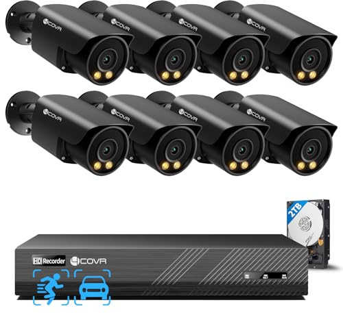 4COVR Überwachungskamera Aussen Set, 4K PoE CCTV System mit 8CH NVR & 2TB HDD, 8X 5MP IP Kamera IP67, 2-Wege-Audio & Farb-Nachtsicht, Personen-/Fahrzeugerkennung, 24/7 Videoüberwachung, DLY37YB5M0808