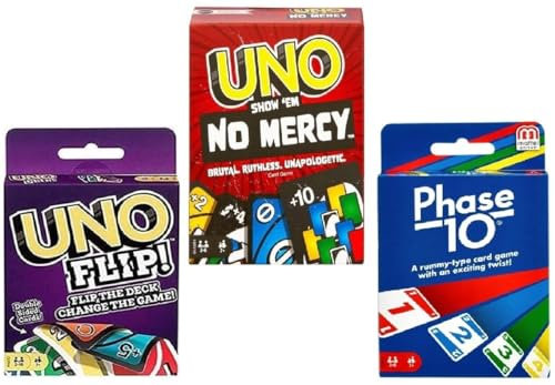 Mattel Uno No Mercy, Flip and Phase 10 Card Game, Combo Pack of 3