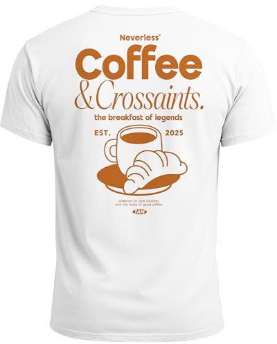 Neverless® Herren T-Shirt Backprint Grafikshirt Rückendruck Coffee Croissant KaffeeliebhaberFashion Streetstyle Weiss-orange XL